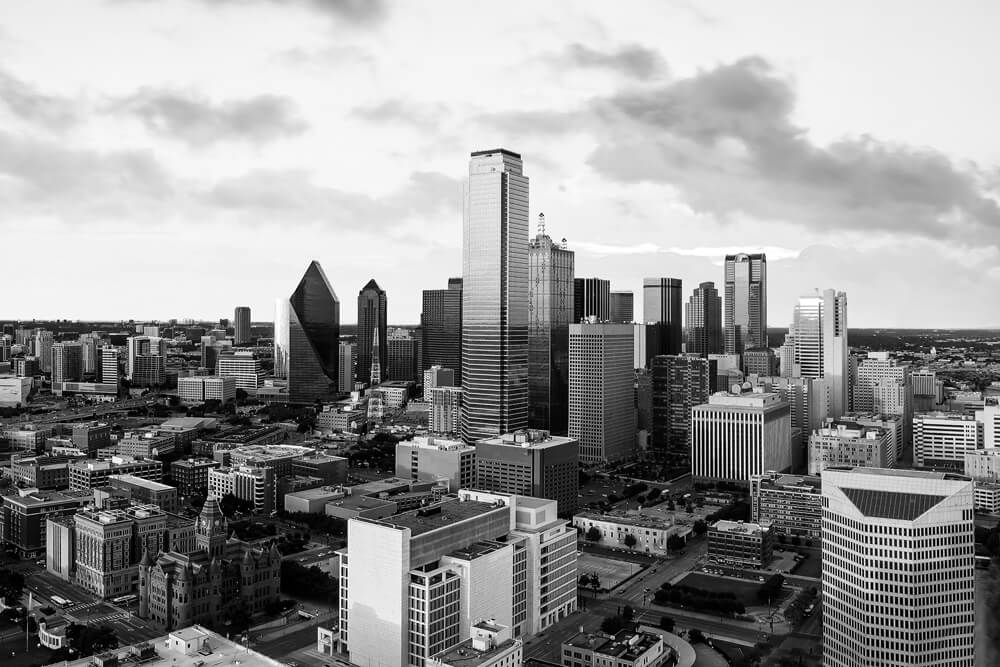 black and white image of Dallas, Texas