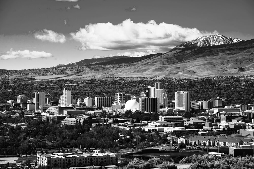 black and white image of Reno, Nevada